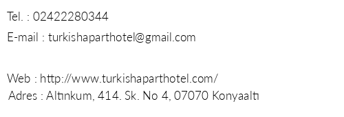 Turkish Apart Hotel telefon numaralar, faks, e-mail, posta adresi ve iletiim bilgileri